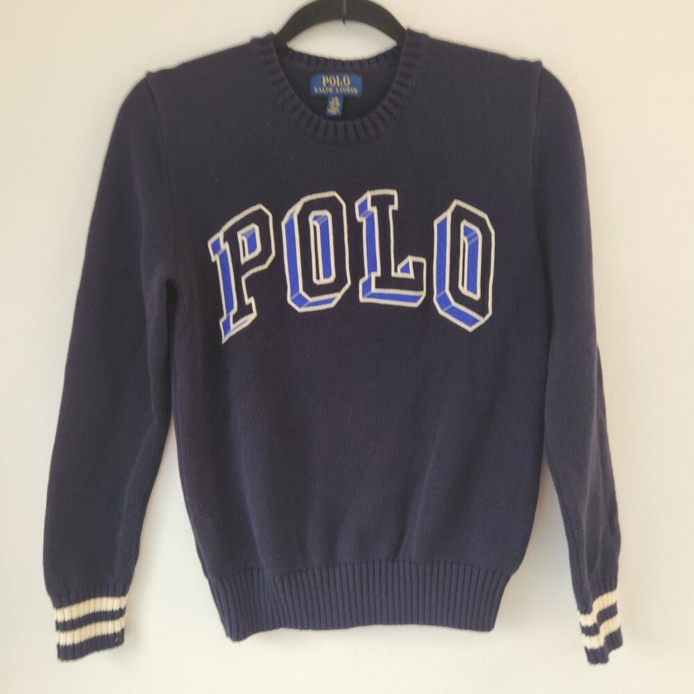 Polo Ralph Lauren Navy Blue Ribbed Knit Big Logo Sweater Youth Boys L (14-16)